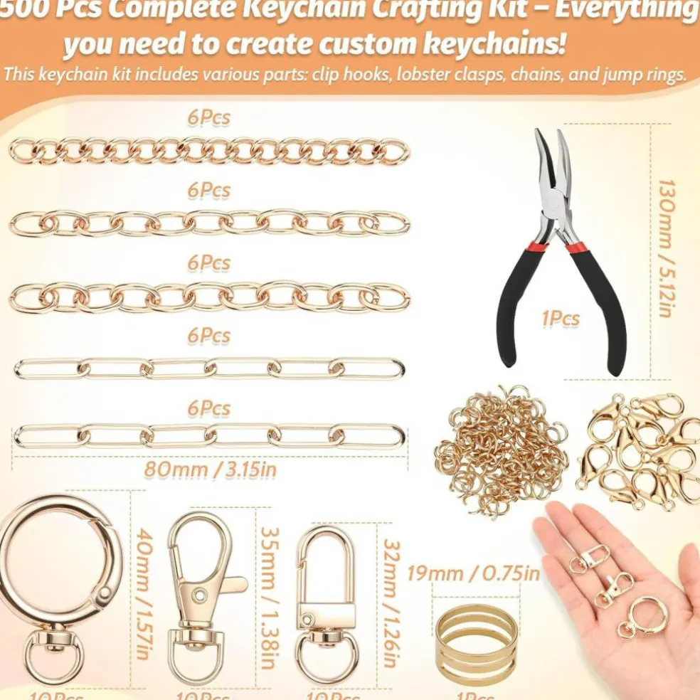 500-Piece Lip Gloss Keychain Making Kit – DIY Craft Set with Charms, Key Chain Hooks, Jump Rings, Lobster Clasps, Chains & Tools for Custom Keychains