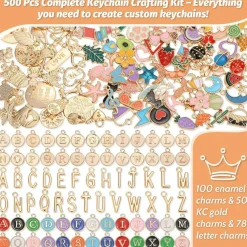 500-Piece Lip Gloss Keychain Making Kit – DIY Craft Set with Charms, Key Chain Hooks, Jump Rings, Lobster Clasps, Chains & Tools for Custom Keychains
