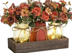 3-Piece Mason Jar Centerpiece with LED Lights & Wood Tray – Farmhouse Table Decor