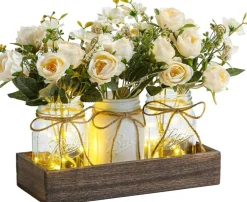 3-Piece Mason Jar Centerpiece with LED Lights & Wood Tray – Farmhouse Table Decor