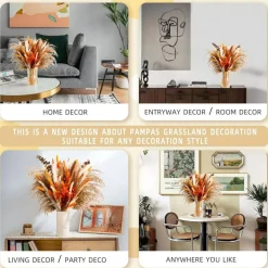 99 Piece Orange Dried Pampas Grass Bouquet 17 Inch Fall Floral Arrangement Natural Bunny Tails Reed Grass Eucalyptus Vase Filler Boho Wedding Home Table Decor