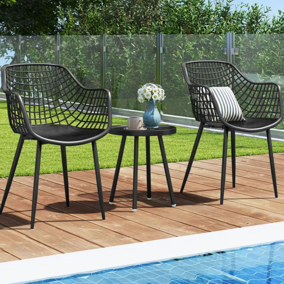 3 Piece Outdoor Bistro Set Patio Chairs with Coffee Table Metal Frame