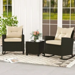3-Piece Outdoor Rattan Rocking Chair Set with Cushions and Glass Top Side Table for Patio Garden Porch Mix Brown Beige