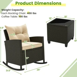 3-Piece Outdoor Rattan Rocking Chair Set with Cushions and Glass Top Side Table for Patio Garden Porch Mix Brown Beige