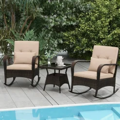 3 Piece Outdoor Rocking Set with Tempered Glass Coffee Table for Backyard Poolside