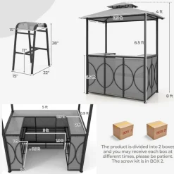 3-Piece Patio Bar Set Grill Gazebo & 2 Bar Stools with Tempered Glass Bar Table