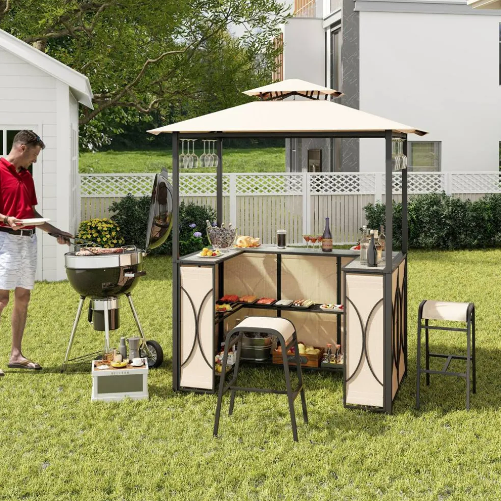 3-Piece Patio Bar Set Grill Gazebo & 2 Bar Stools with Tempered Glass Bar Table