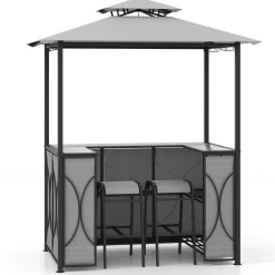 3-Piece Patio Bar Set Grill Gazebo & 2 Bar Stools with Tempered Glass Bar Table