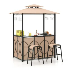 3-Piece Patio Bar Set Grill Gazebo & 2 Bar Stools with Tempered Glass Bar Table