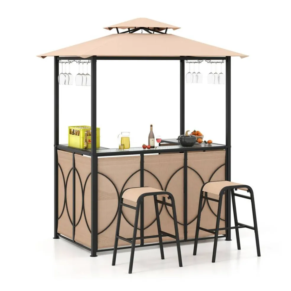 3-Piece Patio Bar Set Grill Gazebo & 2 Bar Stools with Tempered Glass Bar Table