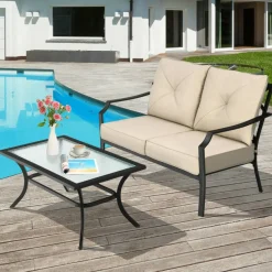 2 Piece Patio Furniture Set Loveseat and Coffee Table Outdoor Seating Set with Cushions