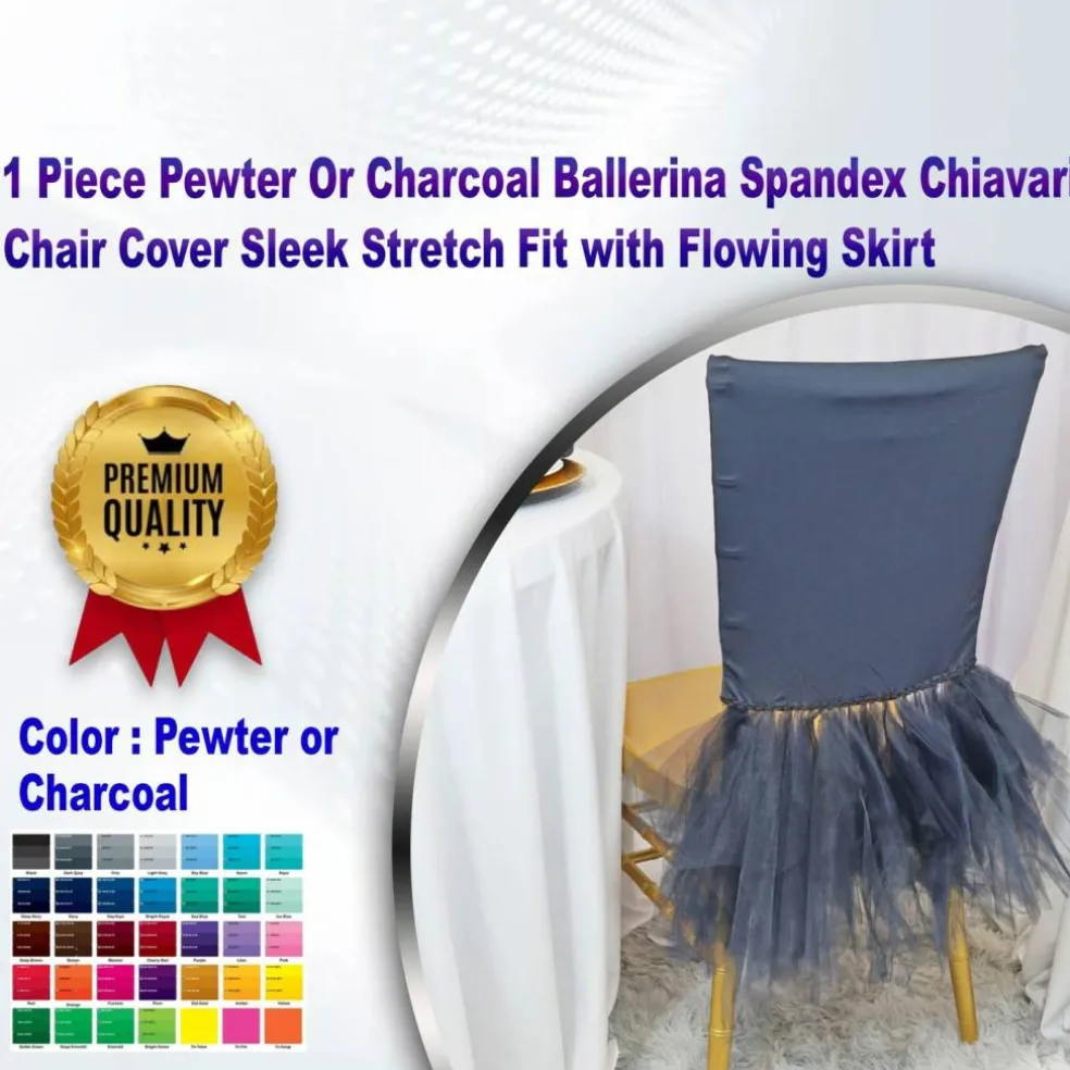 1 Piece Pewter Or Charcoal Ballerina Spandex Chiavari Chair Cover Sleek Stretch Fit with Flowing Skirt