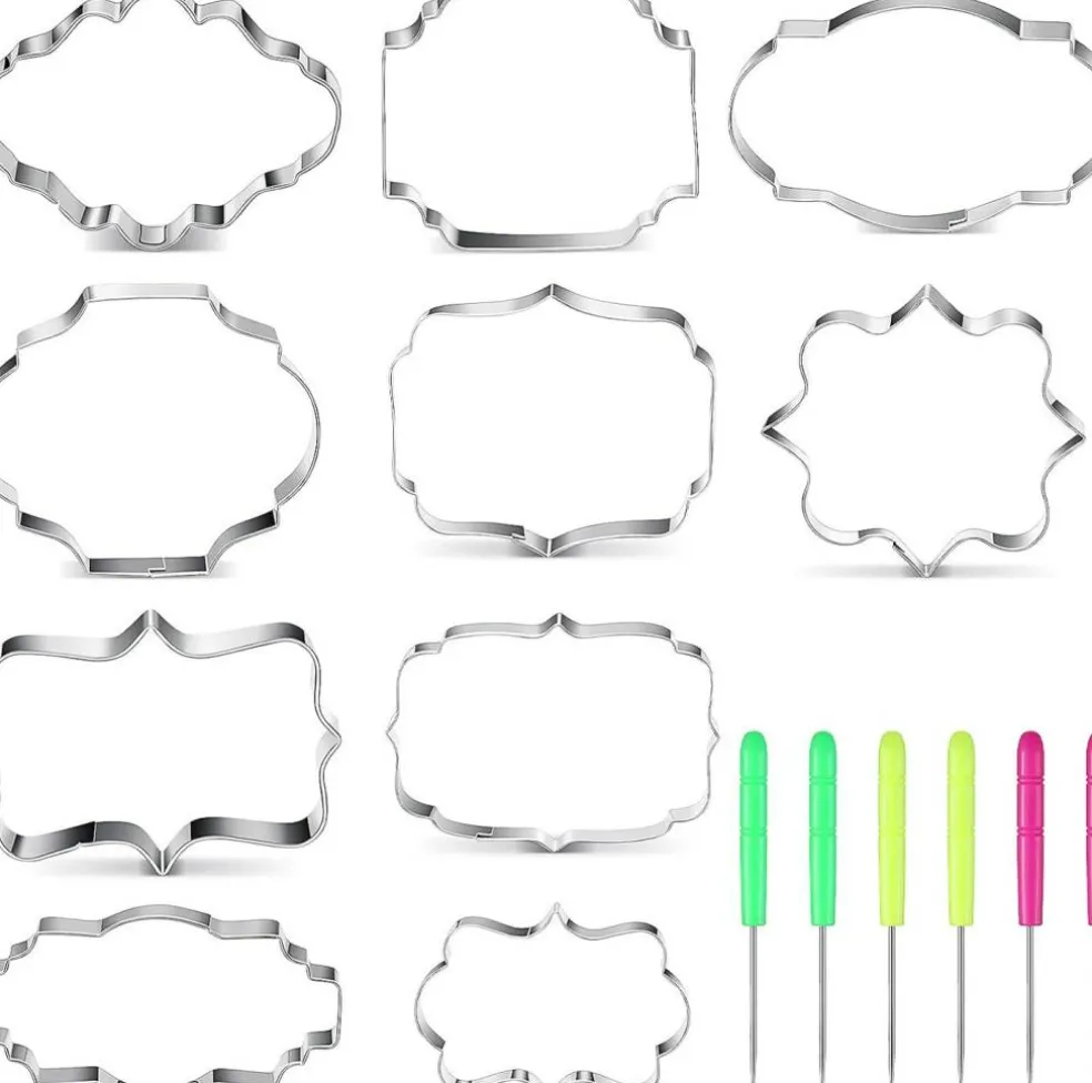 10-Piece Plaque Frame Cookie Cutter Set Stainless Steel & 6 Sugar Pins
