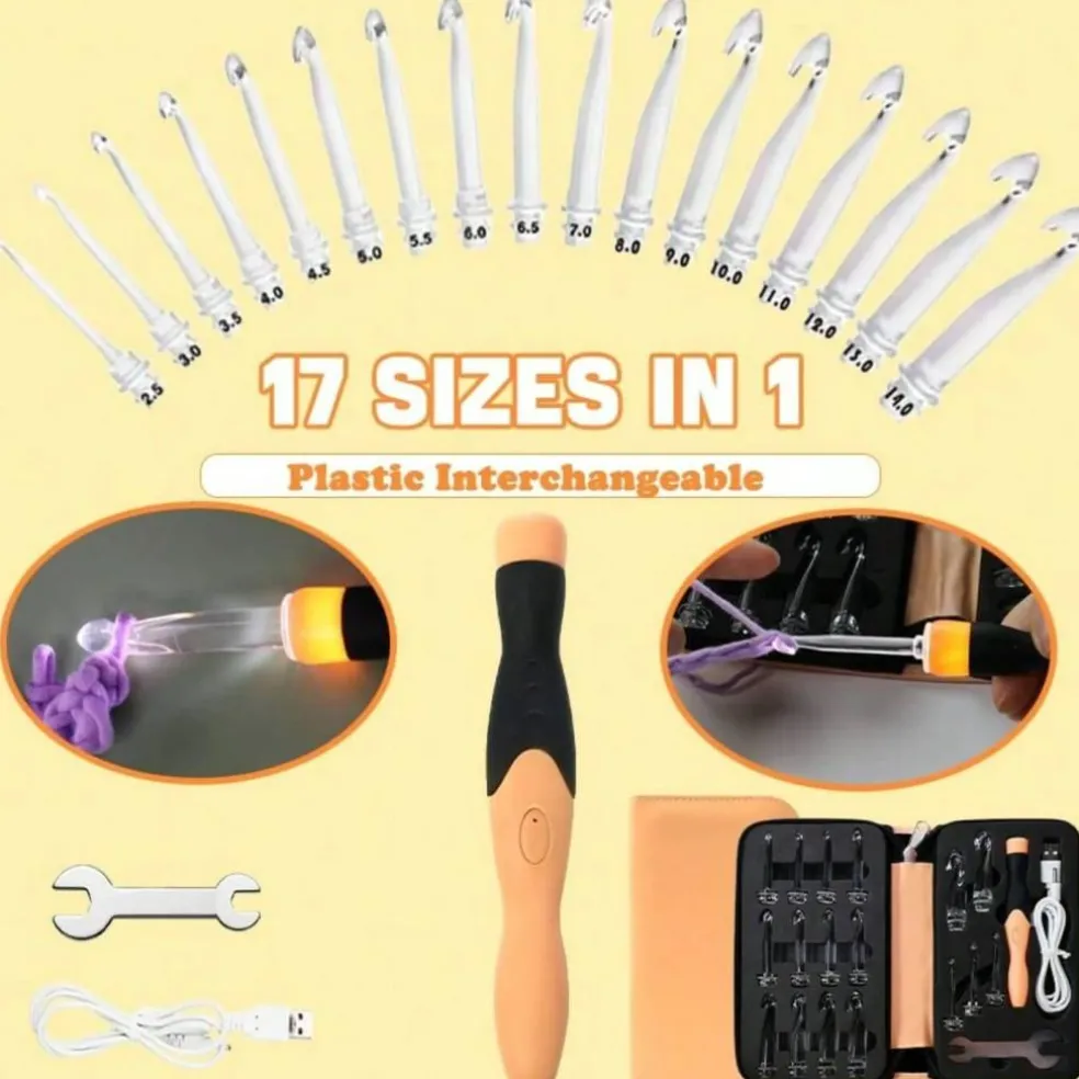 17‑Piece Rechargeable Light‑Up Crochet Hook Set (2.5 mm–14.0 mm) with Carry Case – Illuminated Hooks for Easy Crafting