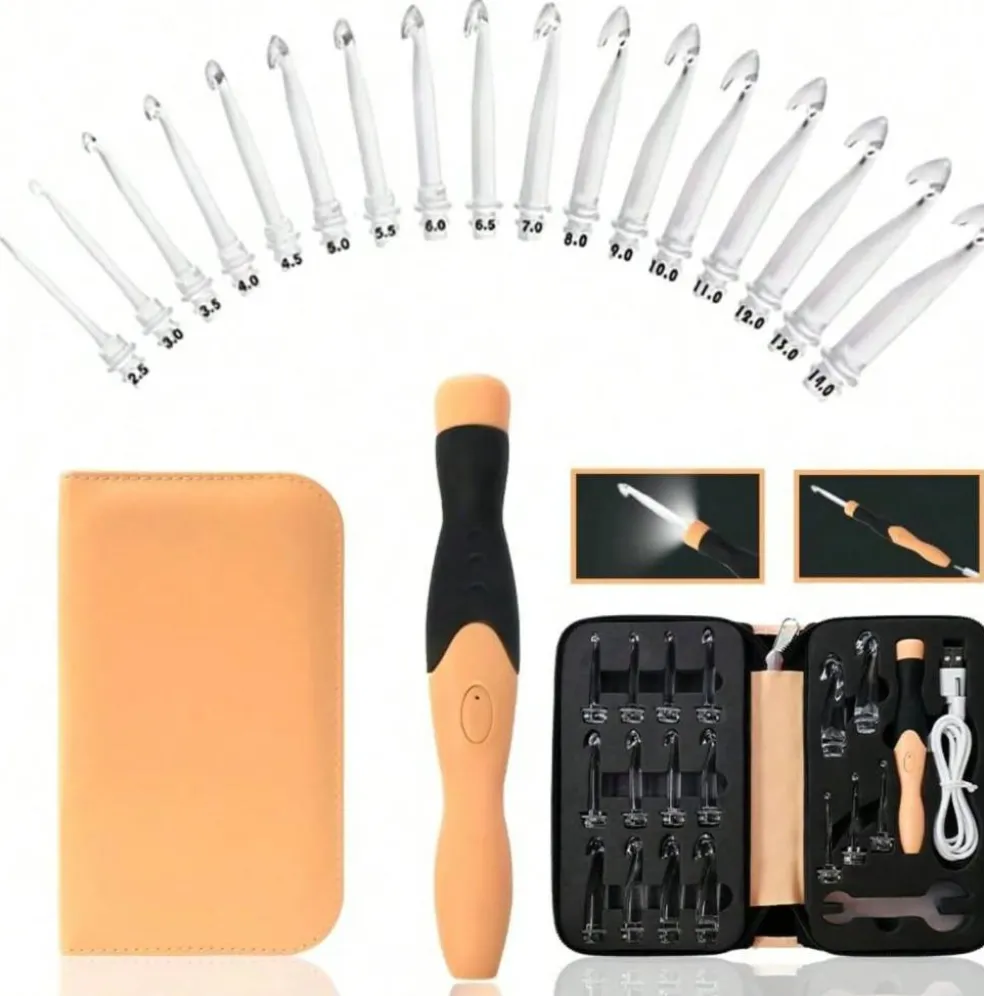 17‑Piece Rechargeable Light‑Up Crochet Hook Set (2.5 mm–14.0 mm) with Carry Case – Illuminated Hooks for Easy Crafting