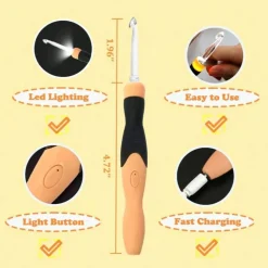 17‑Piece Rechargeable Light‑Up Crochet Hook Set (2.5 mm–14.0 mm) with Carry Case – Illuminated Hooks for Easy Crafting