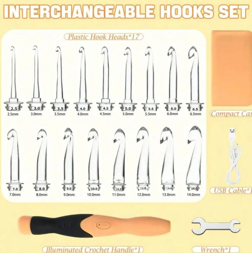 17‑Piece Rechargeable Light‑Up Crochet Hook Set (2.5 mm–14.0 mm) with Carry Case – Illuminated Hooks for Easy Crafting