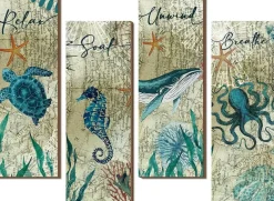 4 Pieces Beach Bathroom Wall Decor, Coastal Ocean Wooden Wall Signs with Sea Turtle, Octopus & Nautical Designs, Rustic Wood Art for Bathroom, Bedroom, Kitchen, Spa, Laundry Room & Home