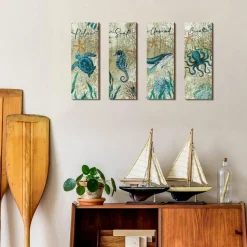 4 Pieces Beach Bathroom Wall Decor, Coastal Ocean Wooden Wall Signs with Sea Turtle, Octopus & Nautical Designs, Rustic Wood Art for Bathroom, Bedroom, Kitchen, Spa, Laundry Room & Home
