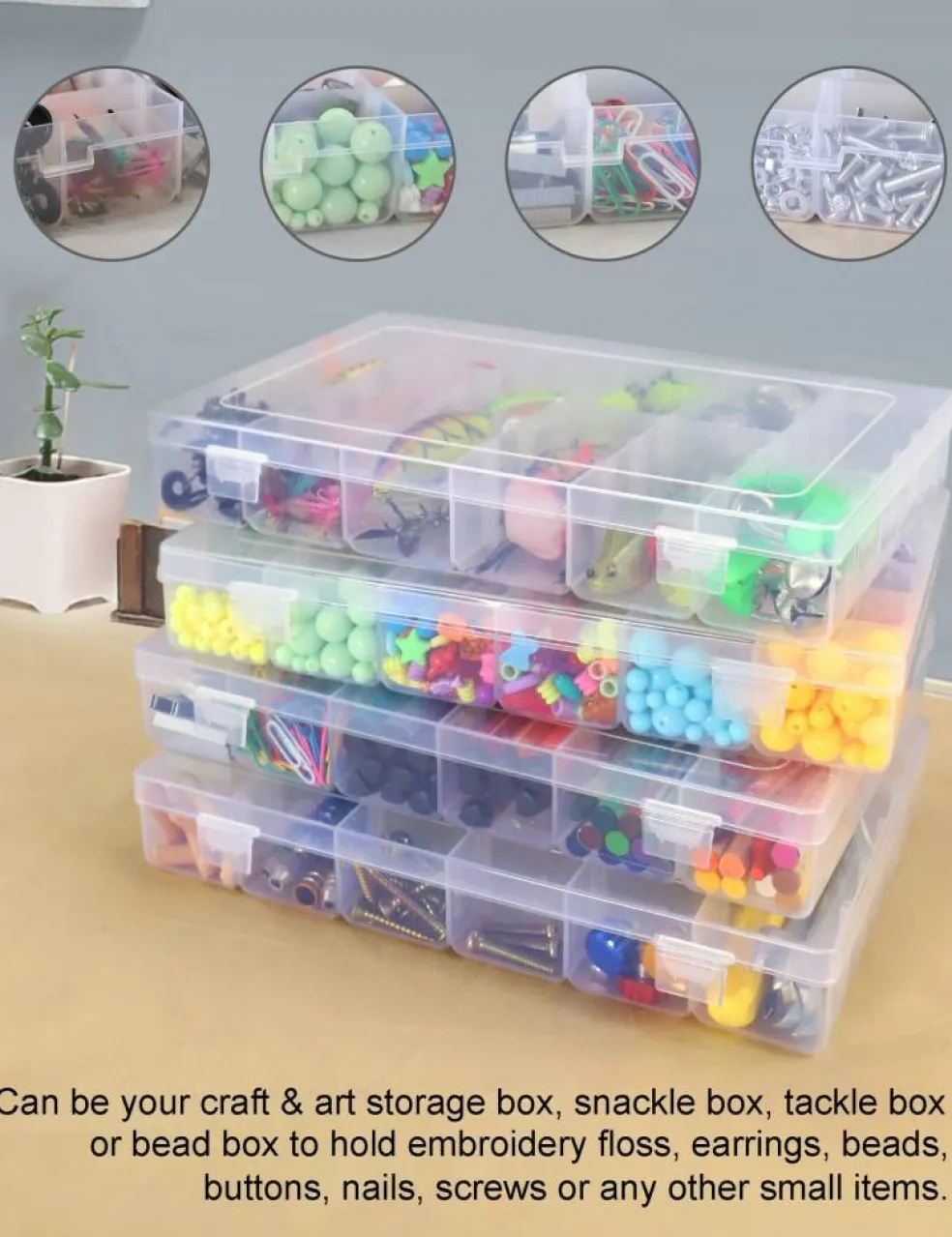 4 Pieces Bead Organizer 36 Grids Clear Plastic Parts Organizer Box 3600 Tackle Box Craft Storage Compartment Divided Container