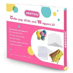 300 Pieces Cake Pop Sticks and Wrappers Kit, Including 100ct 6-inch Paper Lollipop Sticks, 100ct Clear Candy Treat Bags Parcel, 100ct Gold Twist Ties for Cakepop, Lollipop, Hard Candy, Suckers, Chocolate