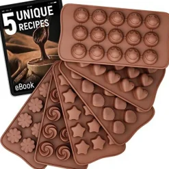 6 Pieces Chocolate Molds Silicone Set - Free Recipes Ebook - Food Grade Candy Molds Silicone - Easy to Use Non-Stick Silicone Molds for Candy