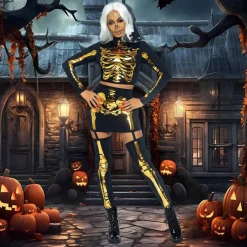 2 Pieces Golden Skeleton Costume for Halloween Graveyard and Theme Party Nights