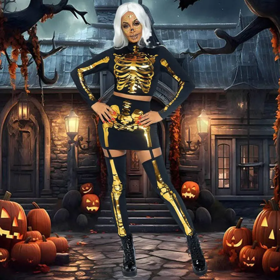2 Pieces Golden Skeleton Costume for Halloween Graveyard and Theme Party Nights