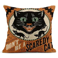 4 Pieces Linen Throw Pillow Covers 18x18 Inch Vintage Halloween Scaredy Cats Pumpkins Skeletons Home Decor Pillowcase Square Cushion Covers for Sofa Bed Couch