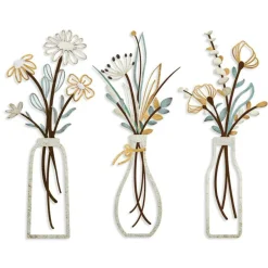 3 Pieces Metal Flowers Wall Arts - Rustic Farmhouse Decor Beige Minimalist Flower Wall Decors for Living room Bathroom Bedroom Dining Room-Housewarming Gifts (Beige, Vase-C)