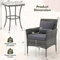 3 Pieces Patio Furniture Set with Cushioned Patio Chairs and Tempered Glass Coffee Table