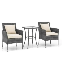 3 Pieces Patio Furniture Set with Cushioned Patio Chairs and Tempered Glass Coffee Table