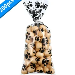 200 Pieces Pet Paw Print Cellophane Bags Dog Party Favor Bags Heat Sealable Treat Bags Dog Paw Gift Bags Cat Candy Bags with 200 Pieces Silver Twist Ties for Pet Treat Party Favor (Black)