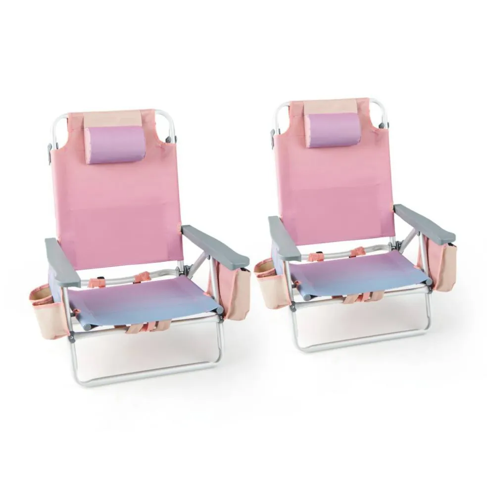 2 Pieces 5-Position Reclining Outdoor Folding Chairs with Cup Holder and Extra Storage Ideal for Beach or Camping