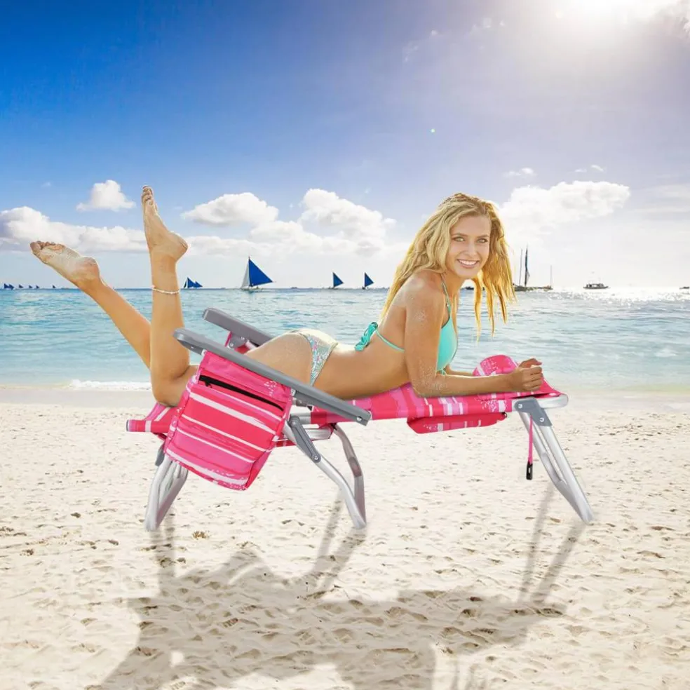 2 Pieces 5-Position Reclining Outdoor Folding Chairs with Cup Holder and Extra Storage Ideal for Beach or Camping