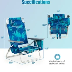 2 Pieces 5-Position Reclining Outdoor Folding Chairs with Cup Holder and Extra Storage Ideal for Beach or Camping