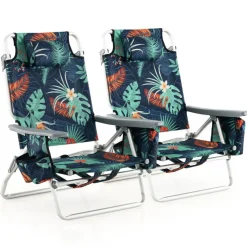 2 Pieces 5-Position Reclining Outdoor Folding Chairs with Cup Holder and Extra Storage Ideal for Beach or Camping