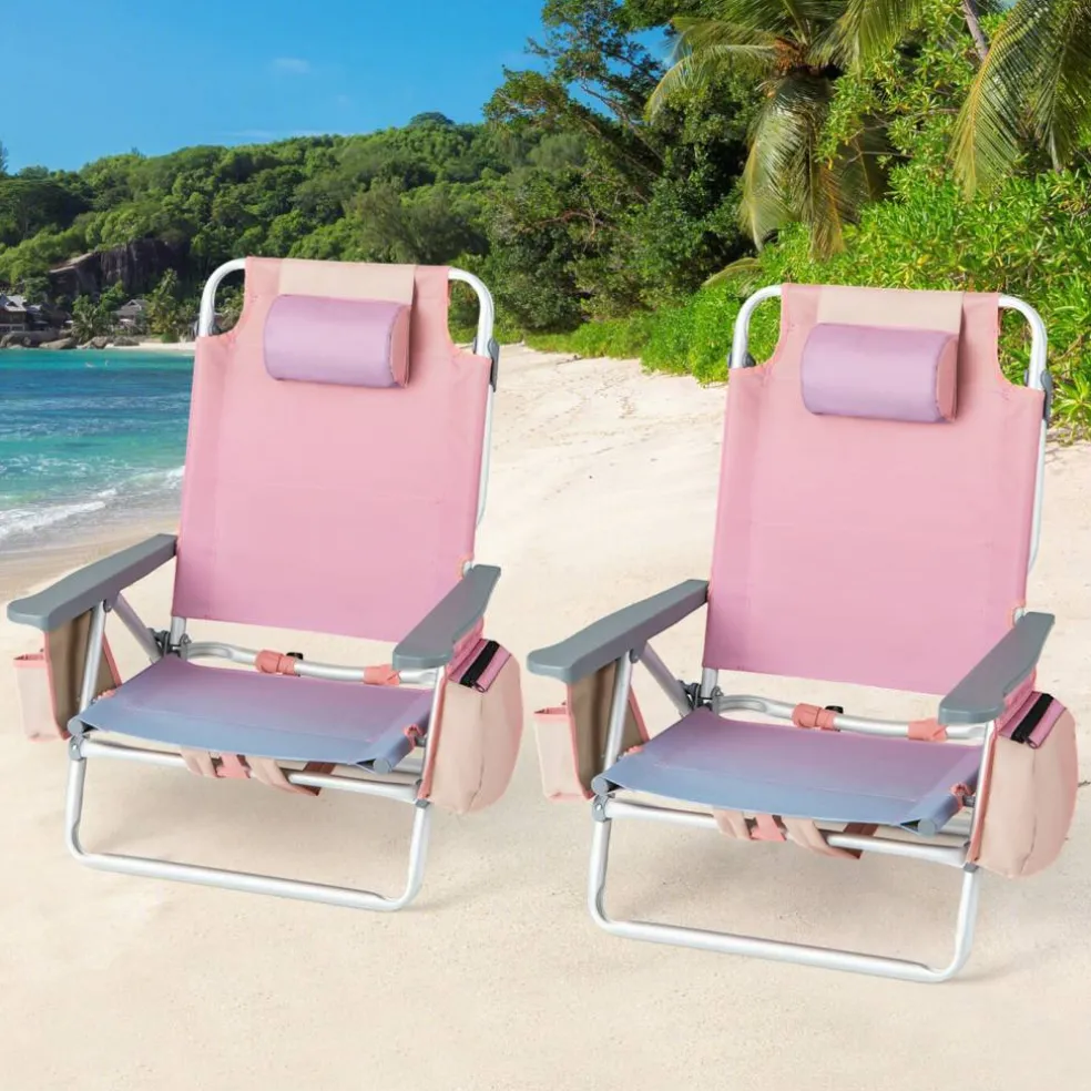2 Pieces 5-Position Reclining Outdoor Folding Chairs with Cup Holder and Extra Storage Ideal for Beach or Camping