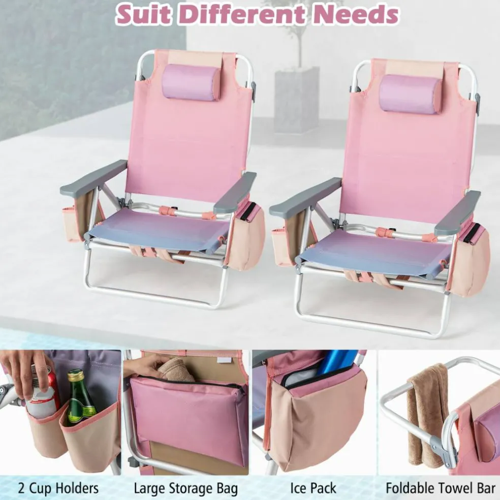 2 Pieces 5-Position Reclining Outdoor Folding Chairs with Cup Holder and Extra Storage Ideal for Beach or Camping