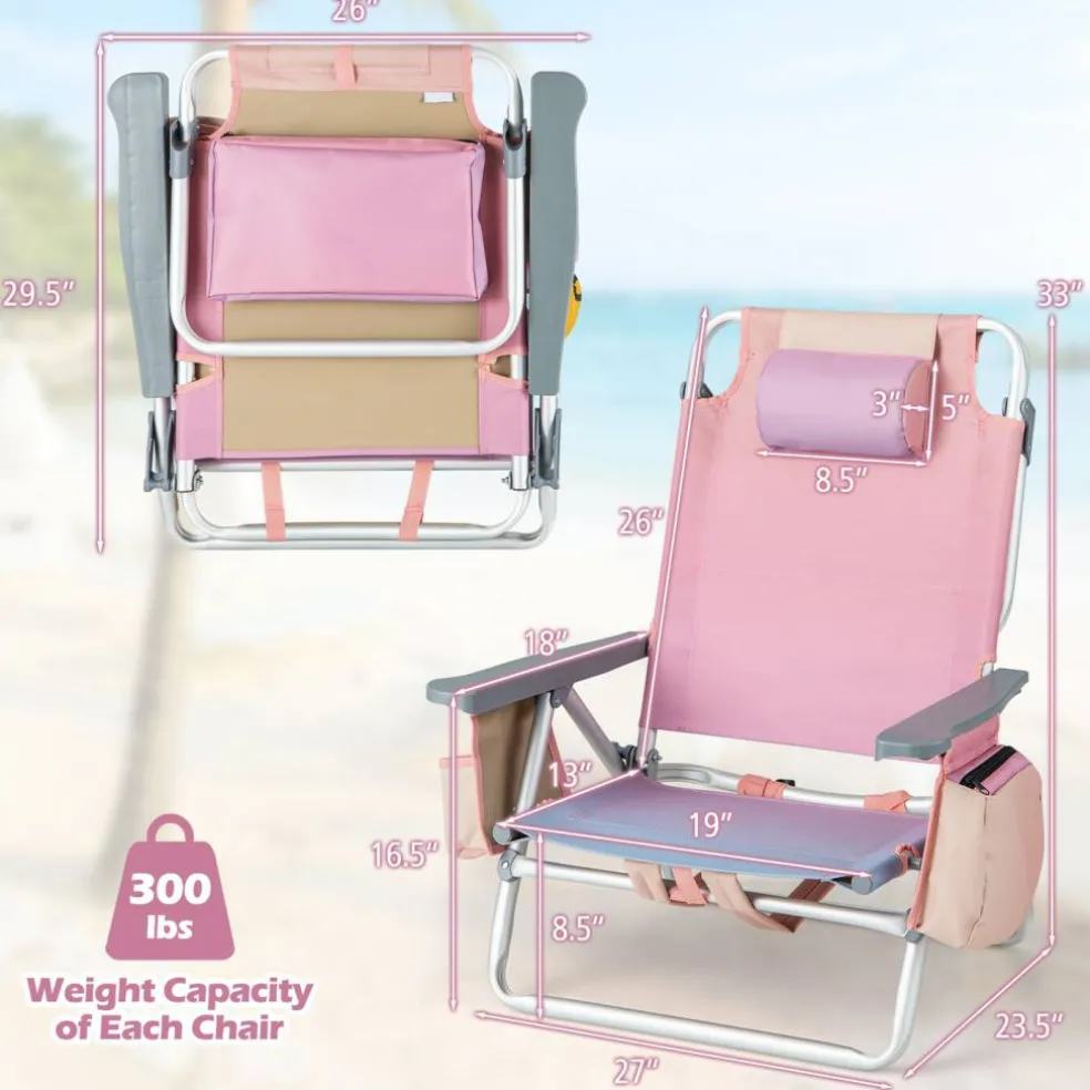 2 Pieces 5-Position Reclining Outdoor Folding Chairs with Cup Holder and Extra Storage Ideal for Beach or Camping