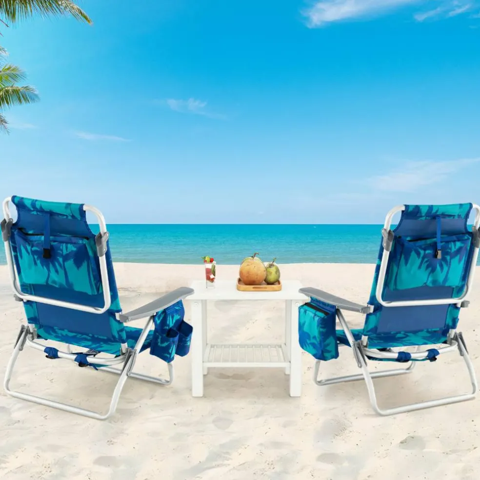 2 Pieces 5-Position Reclining Outdoor Folding Chairs with Cup Holder and Extra Storage Ideal for Beach or Camping