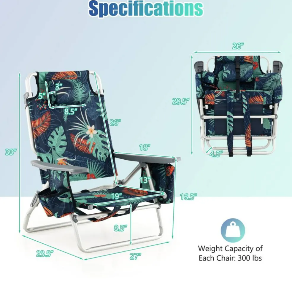 2 Pieces 5-Position Reclining Outdoor Folding Chairs with Cup Holder and Extra Storage Ideal for Beach or Camping