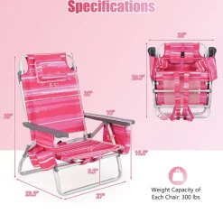 2 Pieces 5-Position Reclining Outdoor Folding Chairs with Cup Holder and Extra Storage Ideal for Beach or Camping