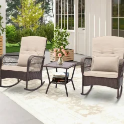 3 Pieces Rocking Bistro Set with 2-Tier Coffee Table