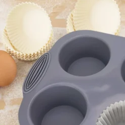 3 Pieces Silicone Muffin Pan - 6-Cavity Nonstick Baking Tray for Muffins, Cupcakes, Brownies and More - Food Grade and BPA Free - (Gray, Orange, Peacock Blue)