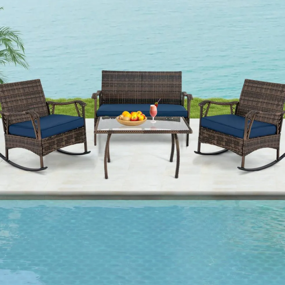 4 Pieces Wicker Rocking Set with Bungee Rope Seat for Porch Yard-Navy
