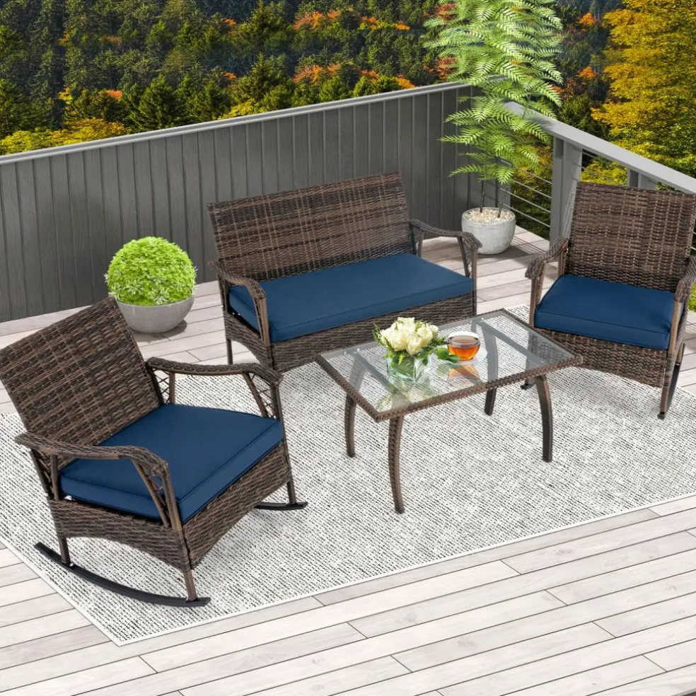 4 Pieces Wicker Rocking Set with Bungee Rope Seat for Porch Yard-Navy