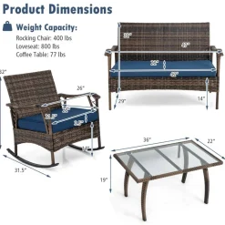 4 Pieces Wicker Rocking Set with Bungee Rope Seat for Porch Yard-Navy