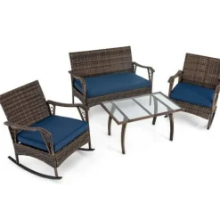 4 Pieces Wicker Rocking Set with Bungee Rope Seat for Porch Yard-Navy