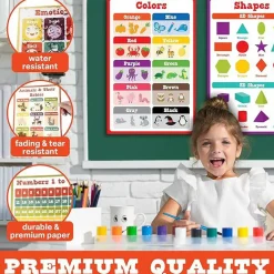 21-Piece Toddler Educational Posters Set for Classroom, Laminated Learning Charts 17x11 Inch, Alphabet, Numbers 1–100, Shapes, Solar System & Human Body Posters for Preschool & Kindergarten